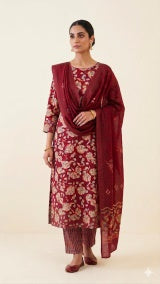 Maroon Zari Floral Dress Material Set, maroon