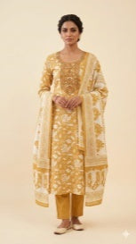 Mustard Booti Dress Material Set, mustard