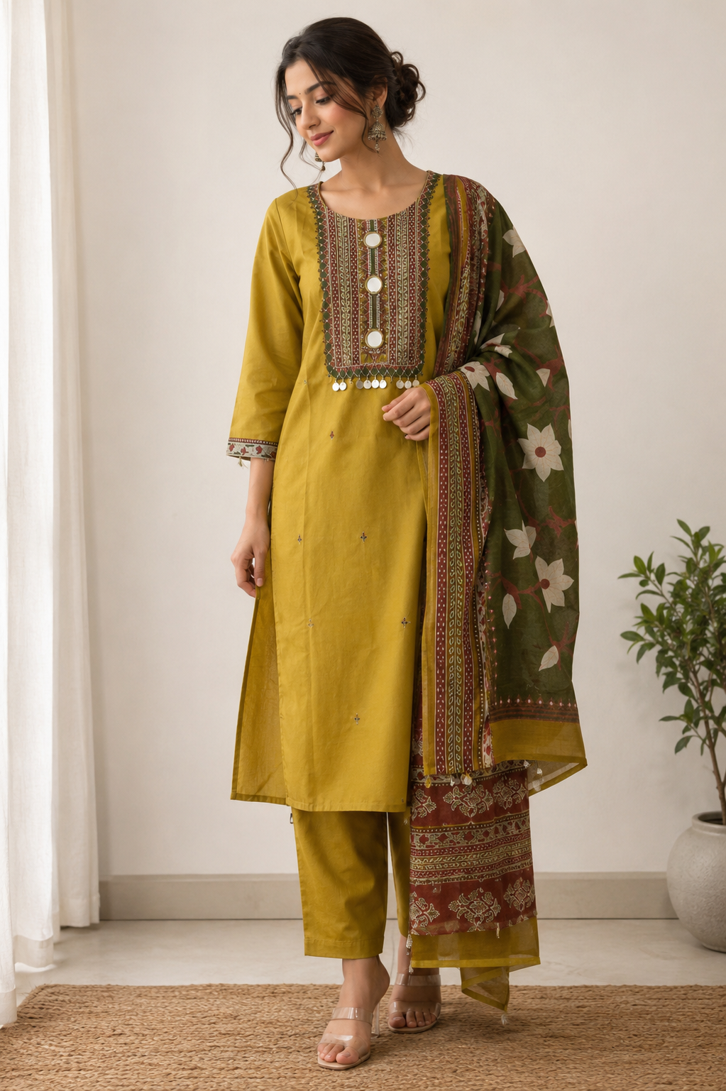 Mustard Embroidered Yoke Kurta Set - view 4