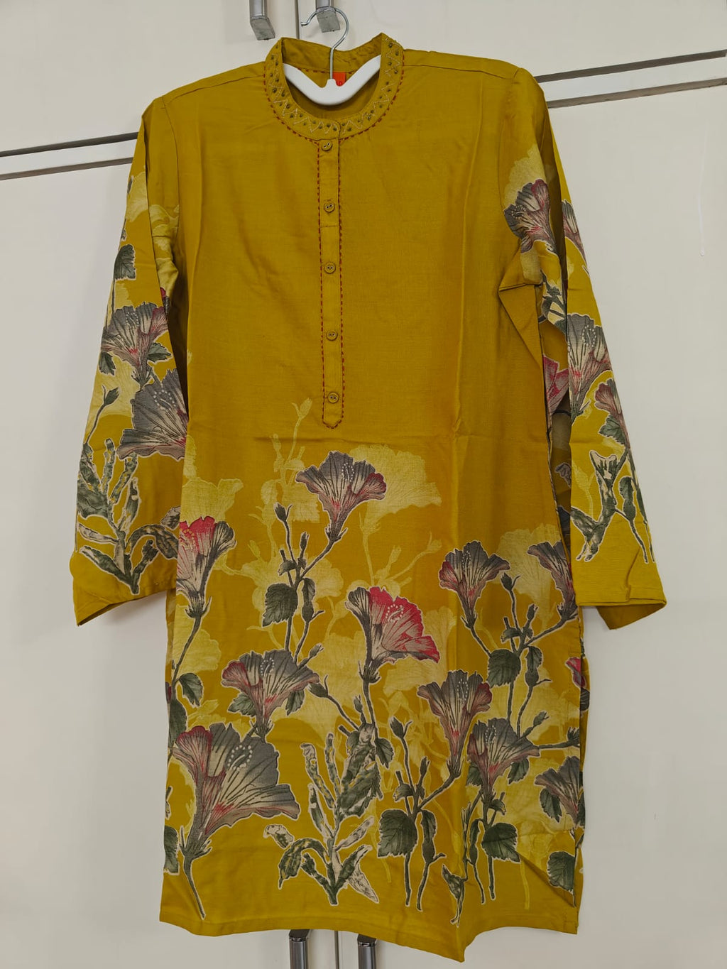 Mustard Floral Border Kurta Set, yellow