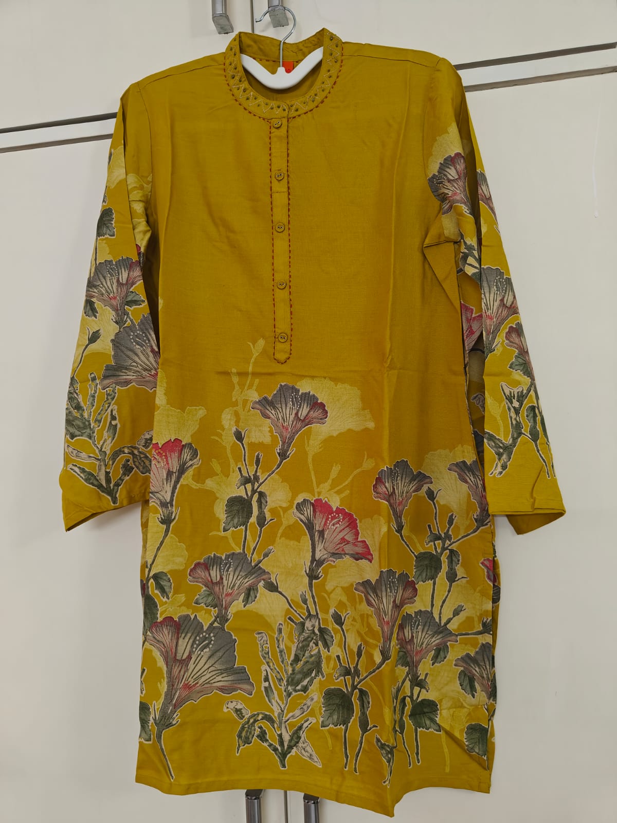 Mustard Floral Border Kurta Set, yellow