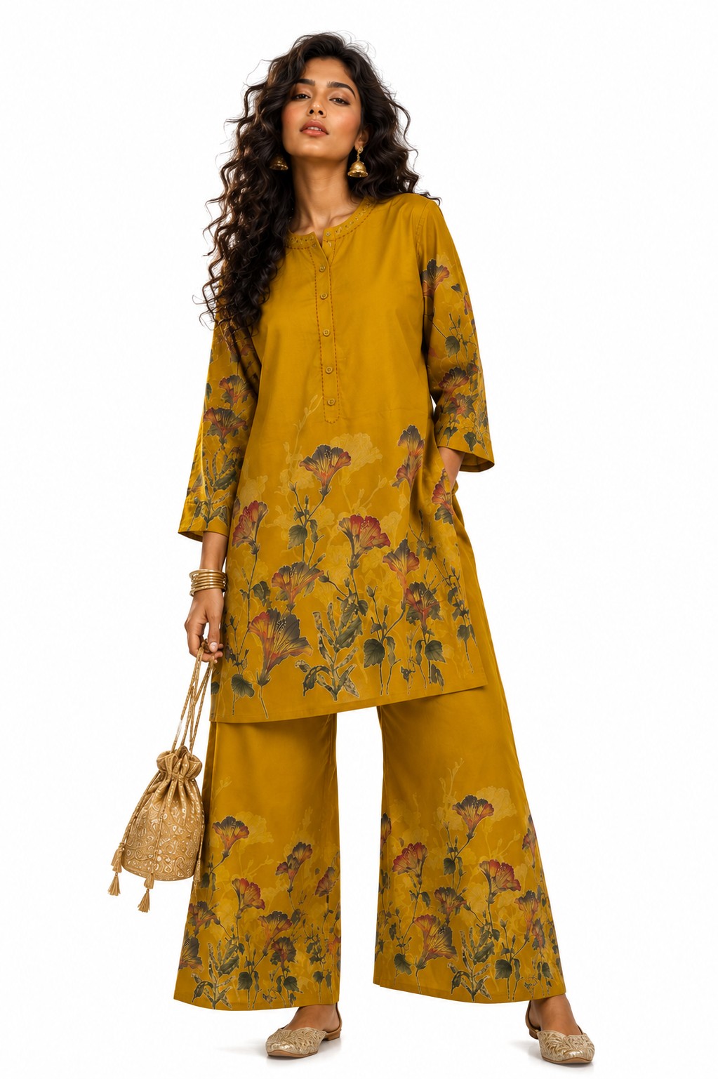 Mustard Floral Border Kurta Set - view 3