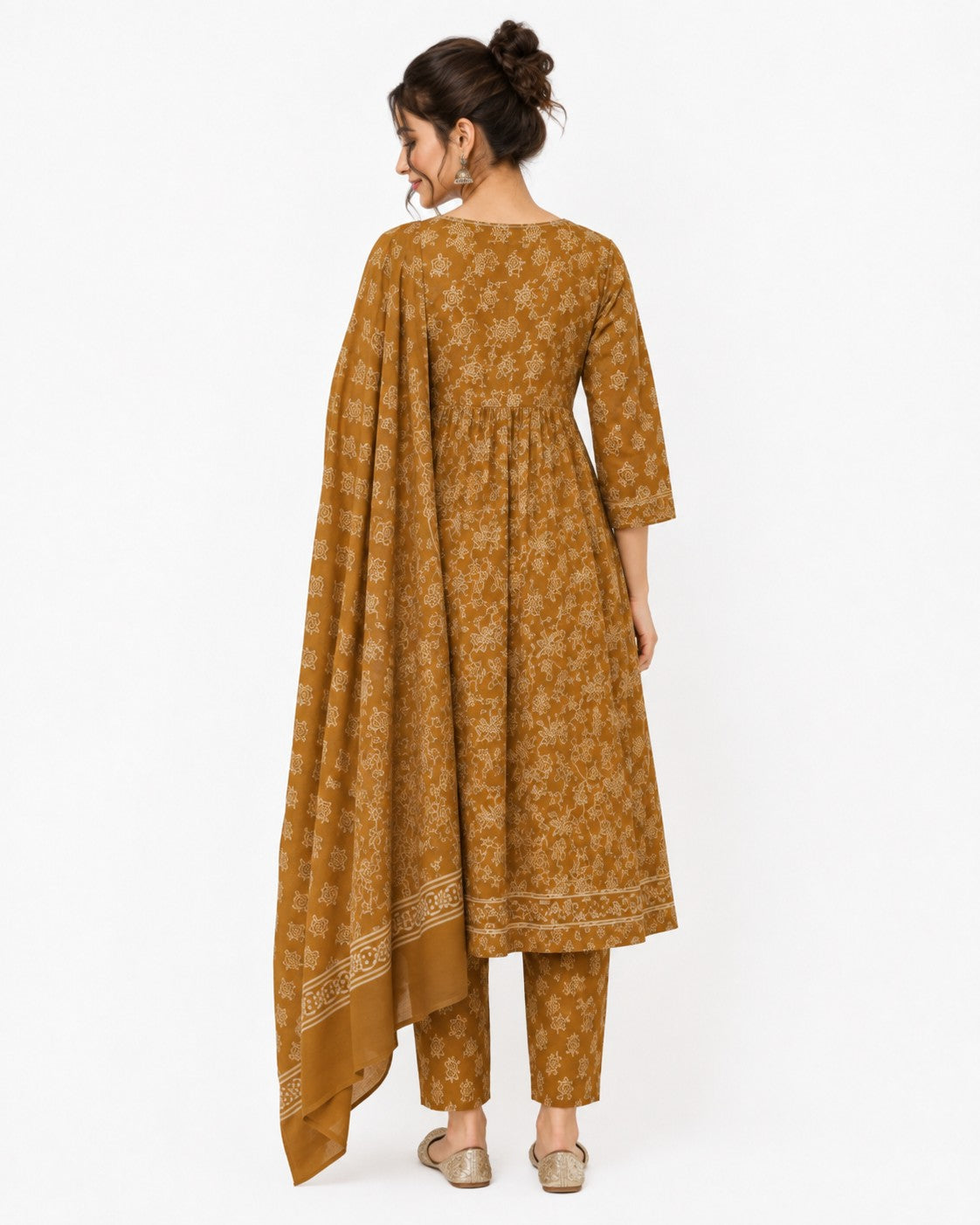 Mustard Floral Print Flared Kurta Set