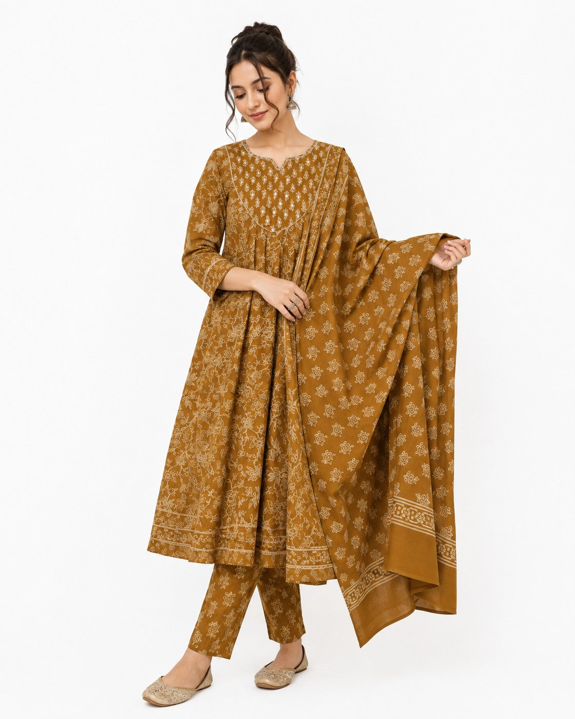 Mustard Floral Print Flared Kurta Set - view 5