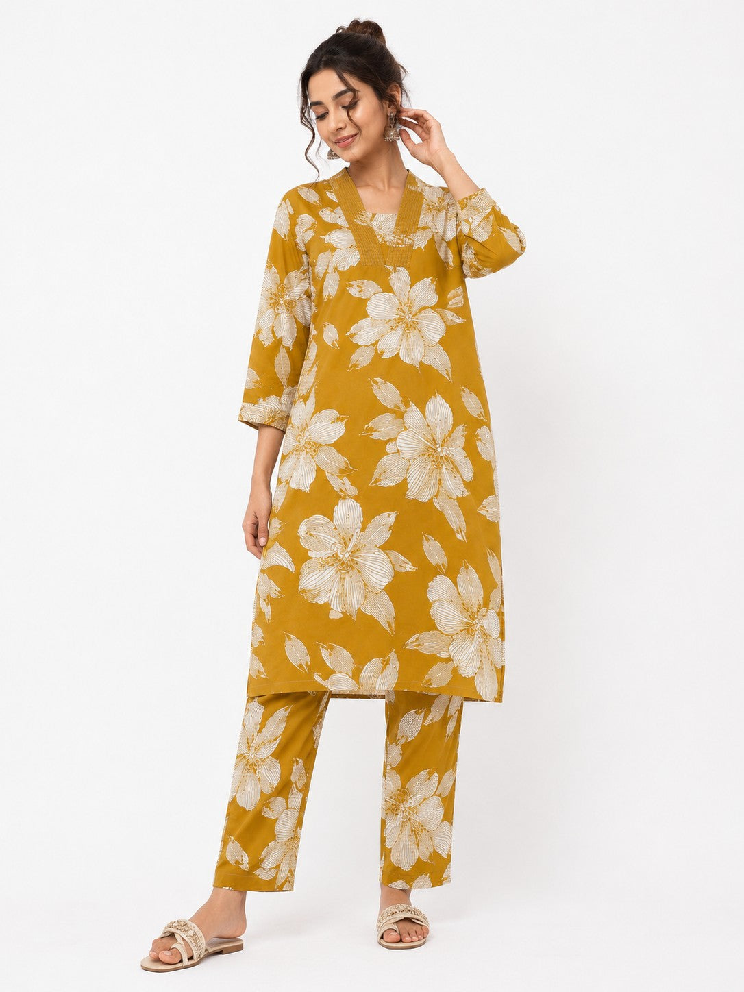 Mustard Floral Print Kurta Set - view 3