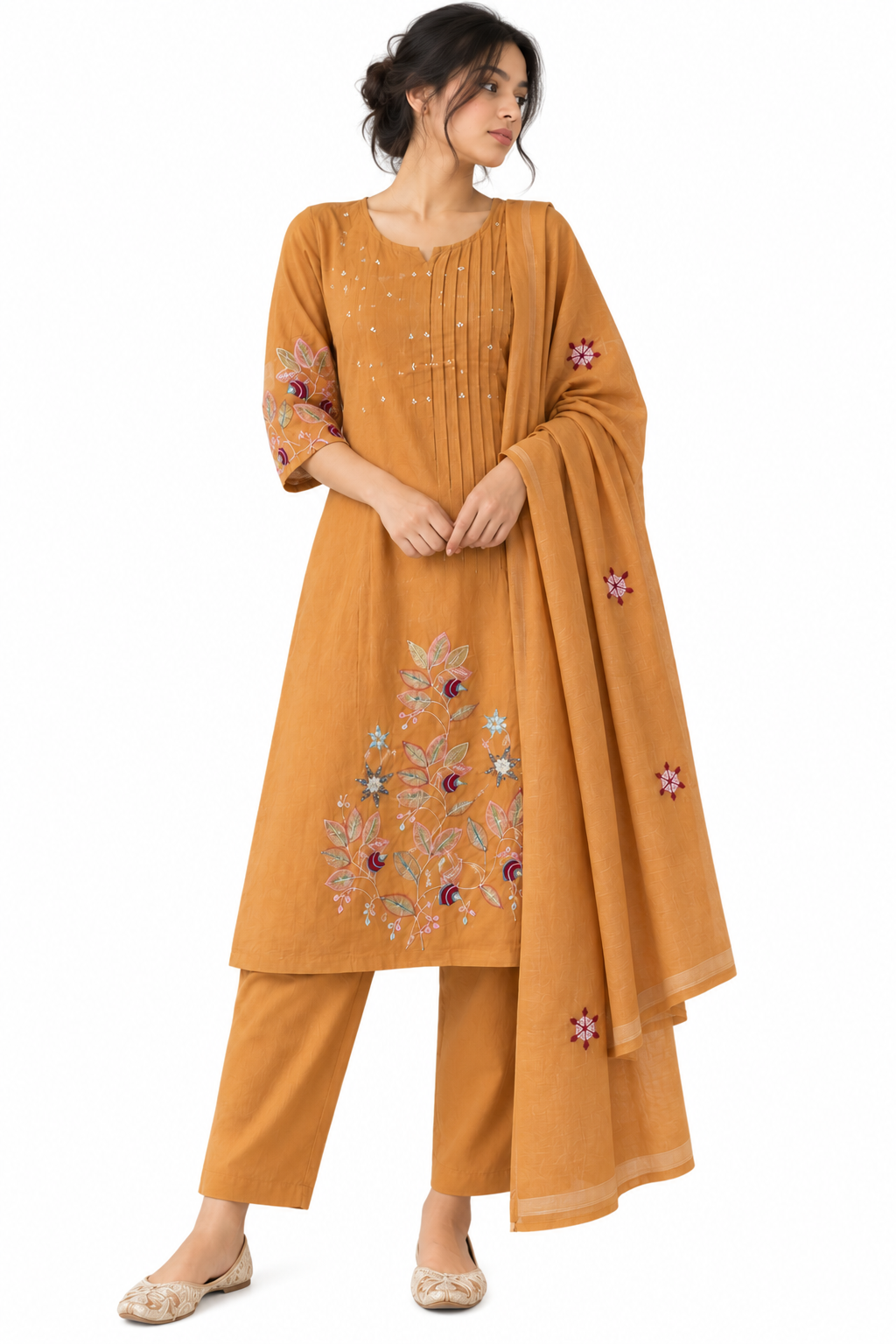 Mustard Pintuck Embroidered Kurta Set - view 4
