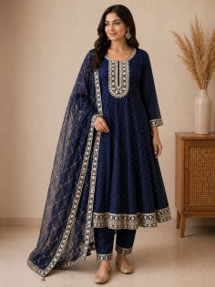 Navy Anarkali 3-Piece Set, blue
