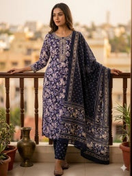 Navy Floral Dress Material Set, blue