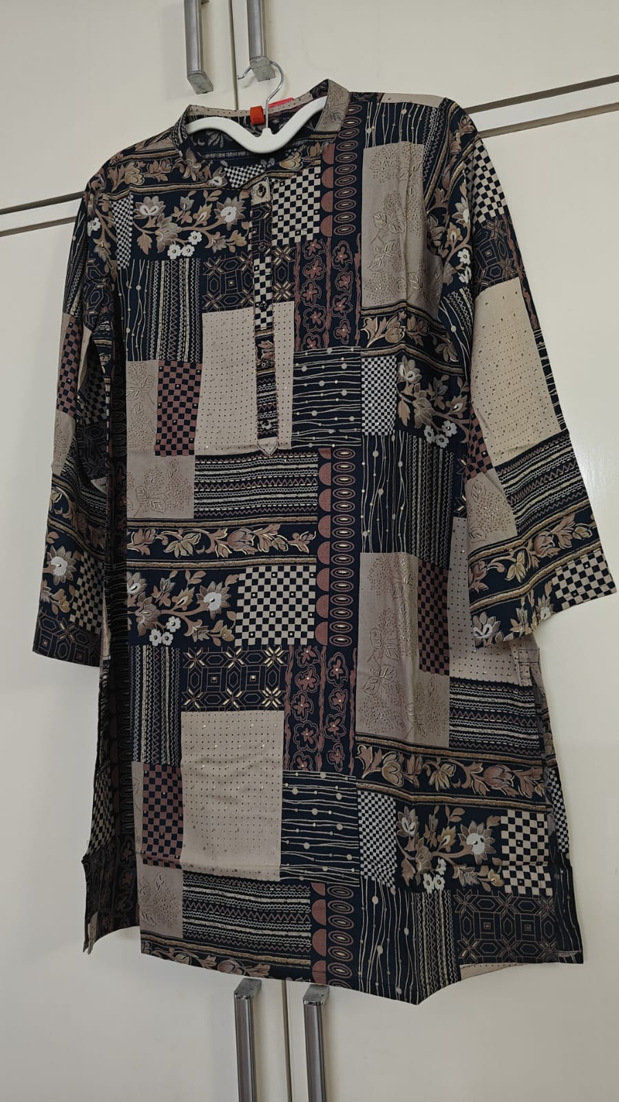 Navy Patchwork Print Shirt Set, blue