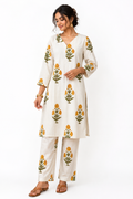Off-White Marigold Print Kurta Set, ivory