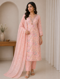 Peach-Pink Dress Material Set, pink