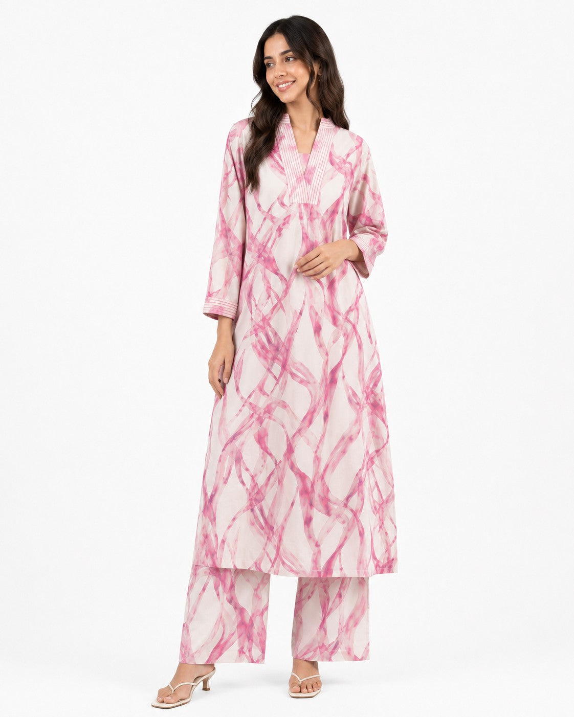 Pink Brushstroke Print Kurta Set - view 3
