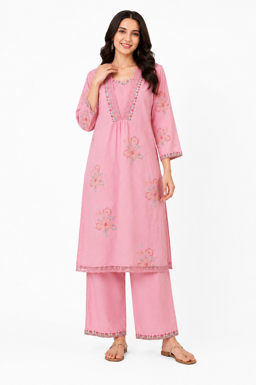 Pink Embroidered Kurta Set - view 2