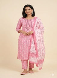 Pink Floral Dress Material Set, pink