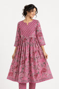 Pink Floral Print Yoke Kurta Set