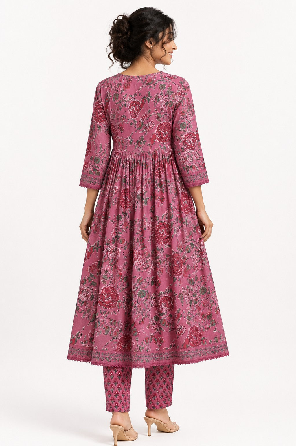 Pink Floral Print Yoke Kurta Set - view 2