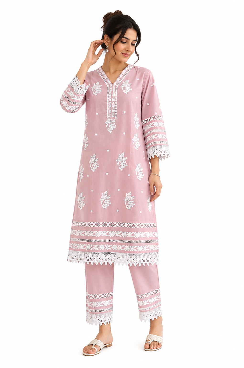 Pink Lace-Trim Embroidered Kurta Set, pink