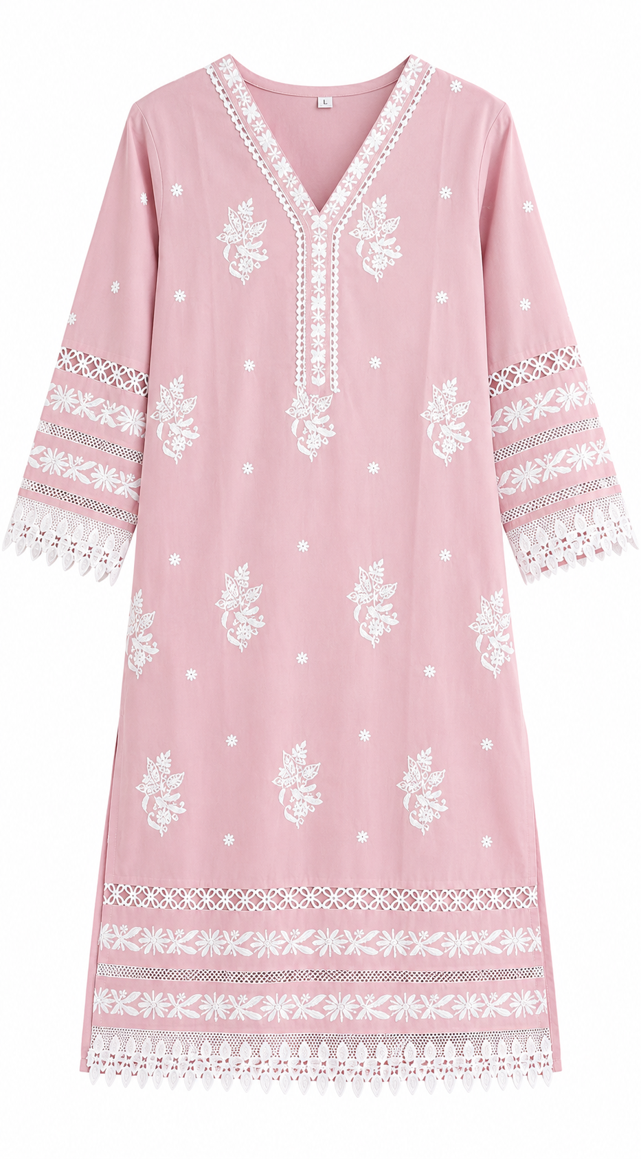 Pink Lace-Trim Embroidered Kurta Set - view 2