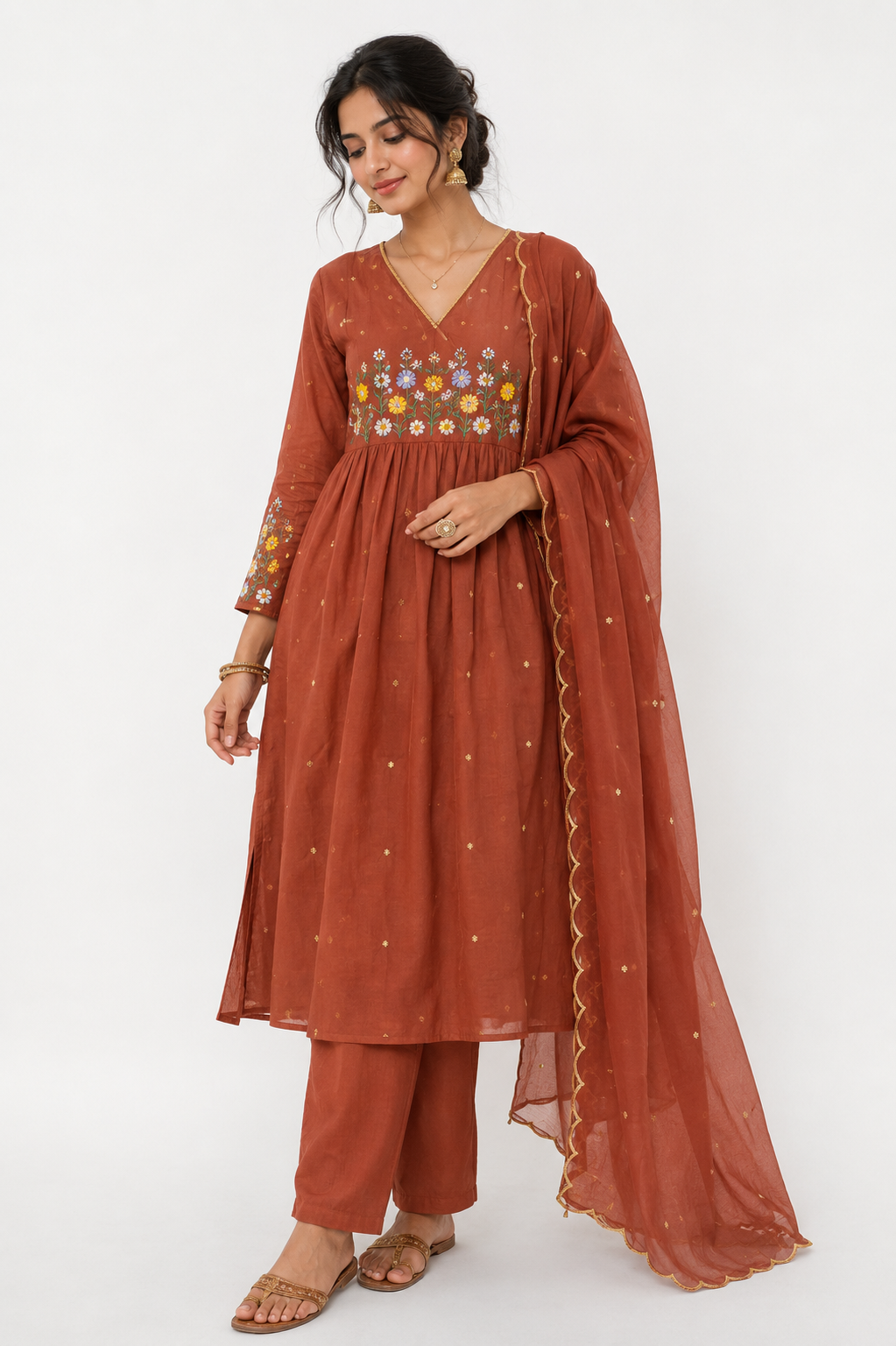 Rust Orange Embroidered Kurta Set - view 4