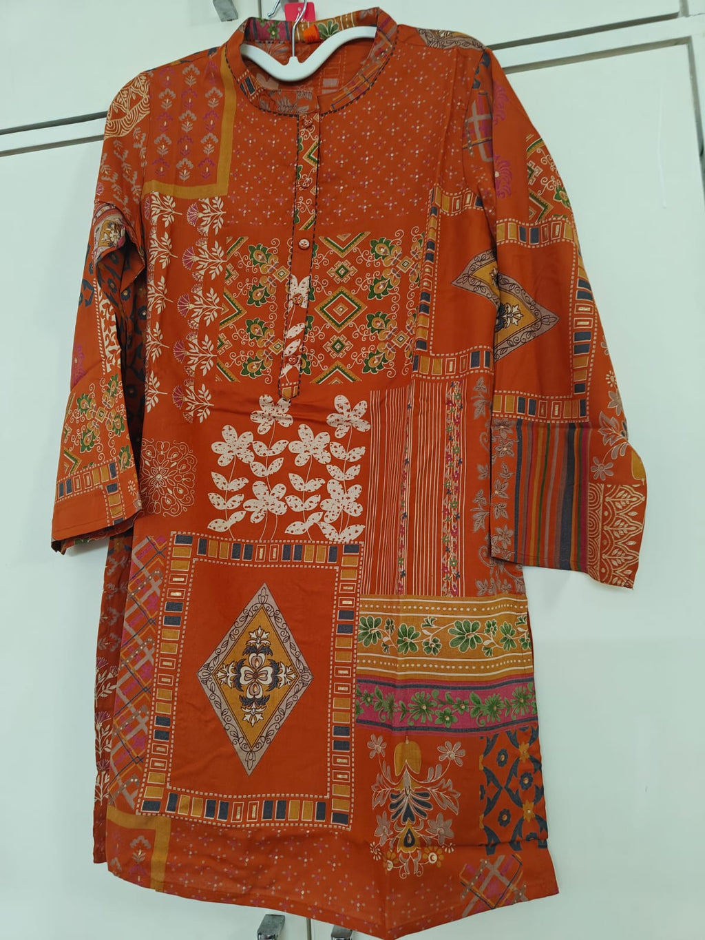 Rust Patchwork Print Kurta Set, rust