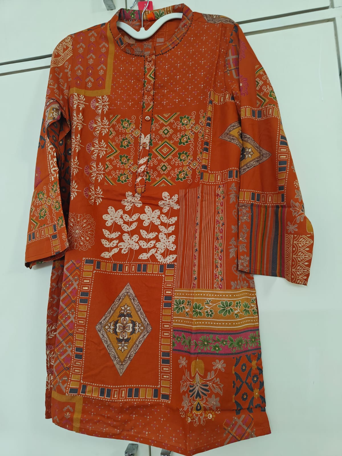 Rust Patchwork Print Kurta Set, rust