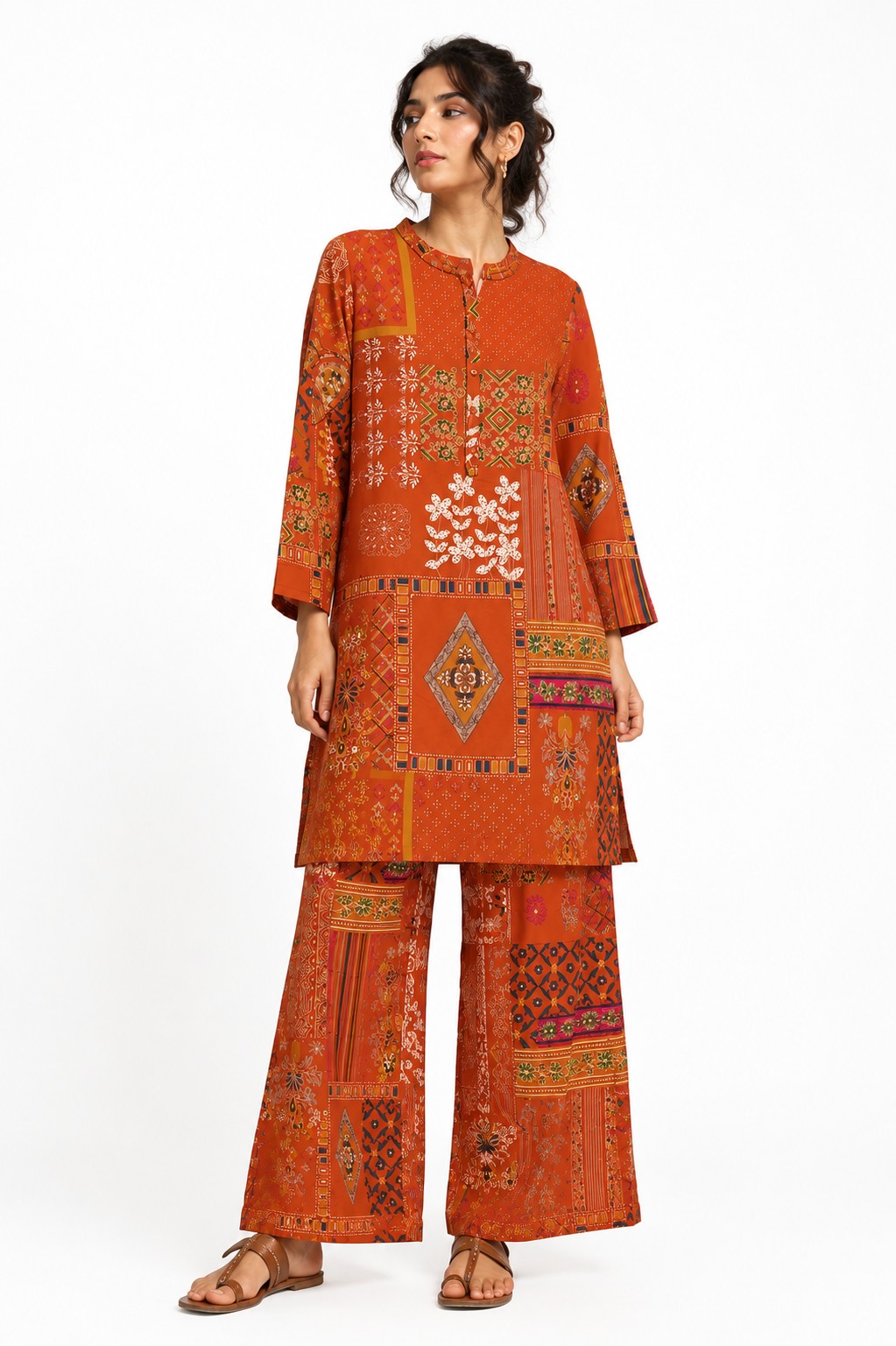 Rust Patchwork Print Kurta Set - view 3