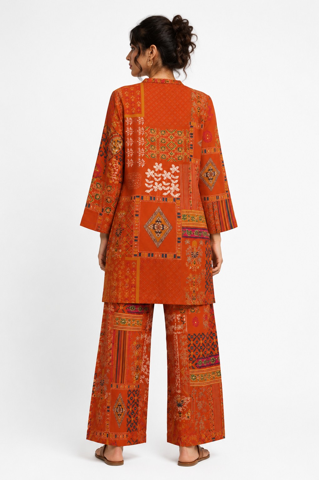 Rust Patchwork Print Kurta Set - view 4