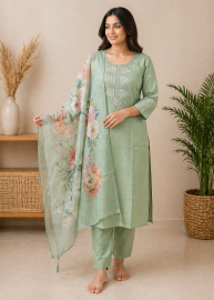 Sage 3-Piece Set with Floral Dupatta, green