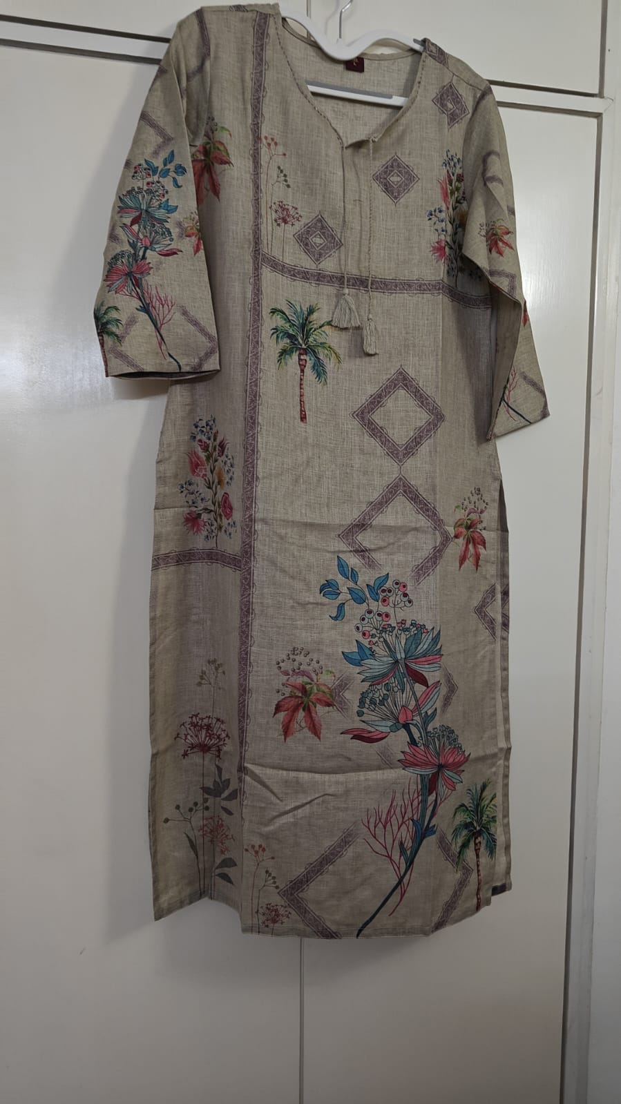 Taupe Printed & Embroidered Kurta, beige