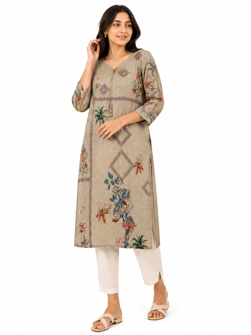 Taupe Printed & Embroidered Kurta - view 2