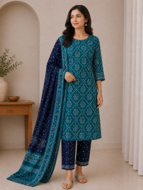 Teal Bandhani-Print Dress Material Set, teal