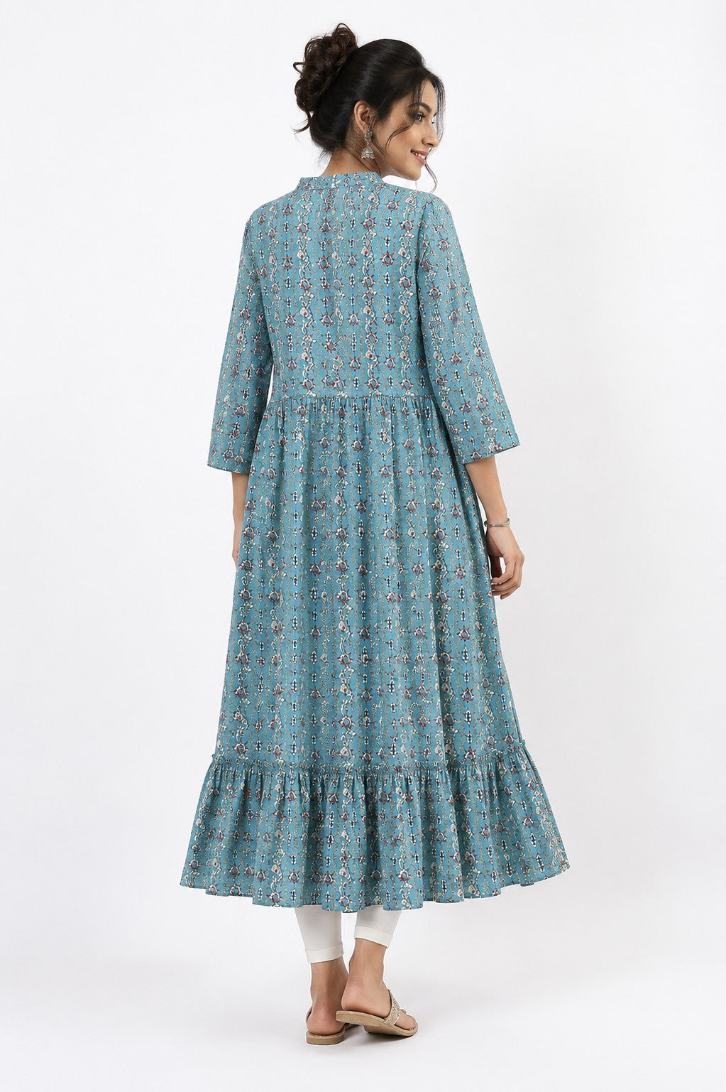 Turquoise Tiered Long Kurta - view 2