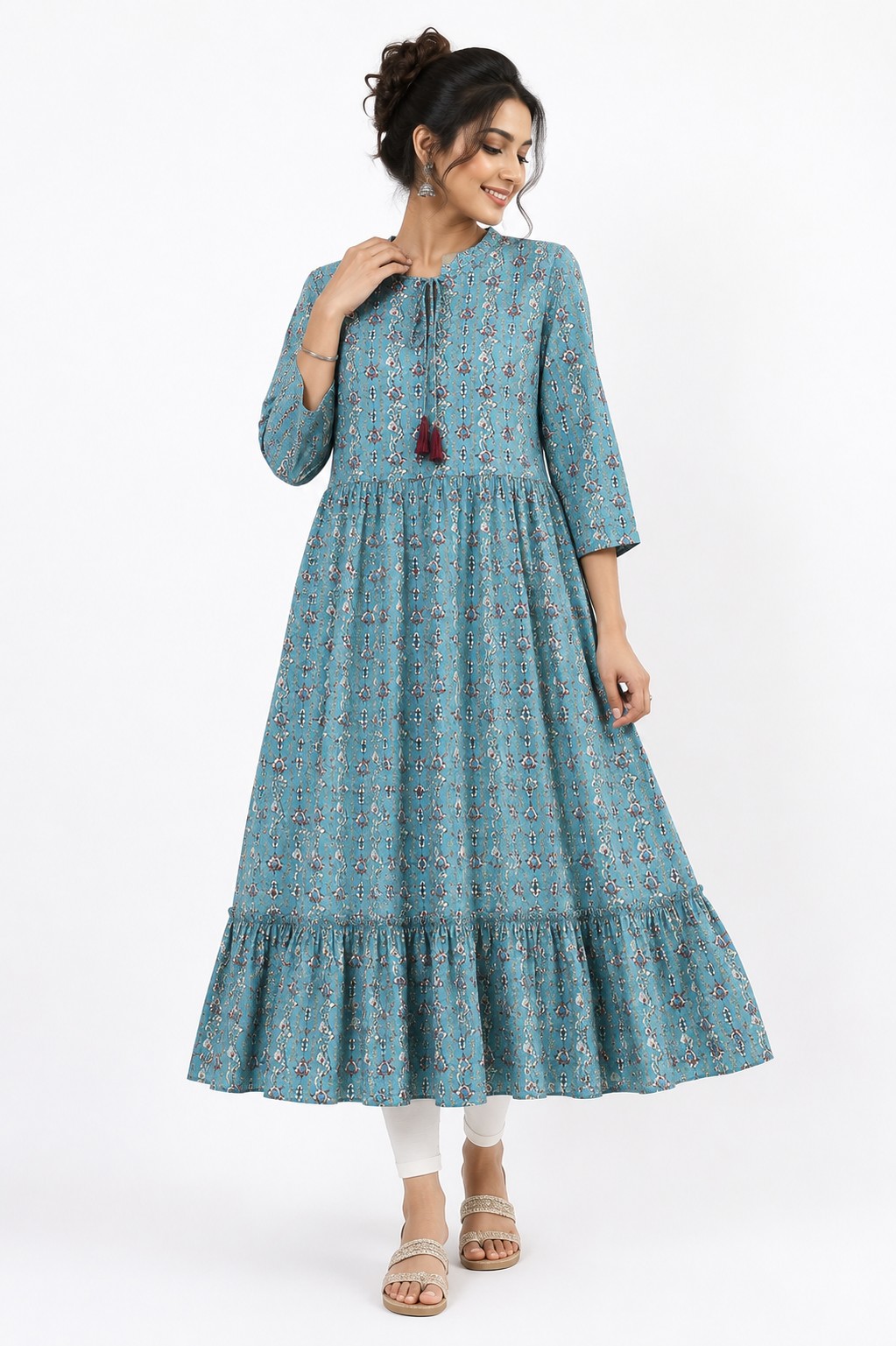 Turquoise Tiered Long Kurta - view 3