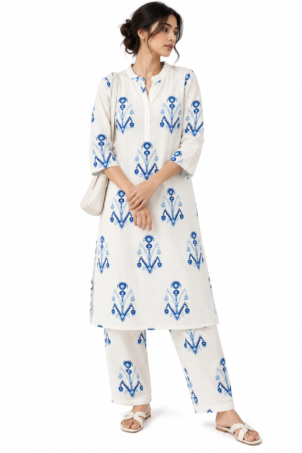 White Blue Booti Print Kurta Set - view 3