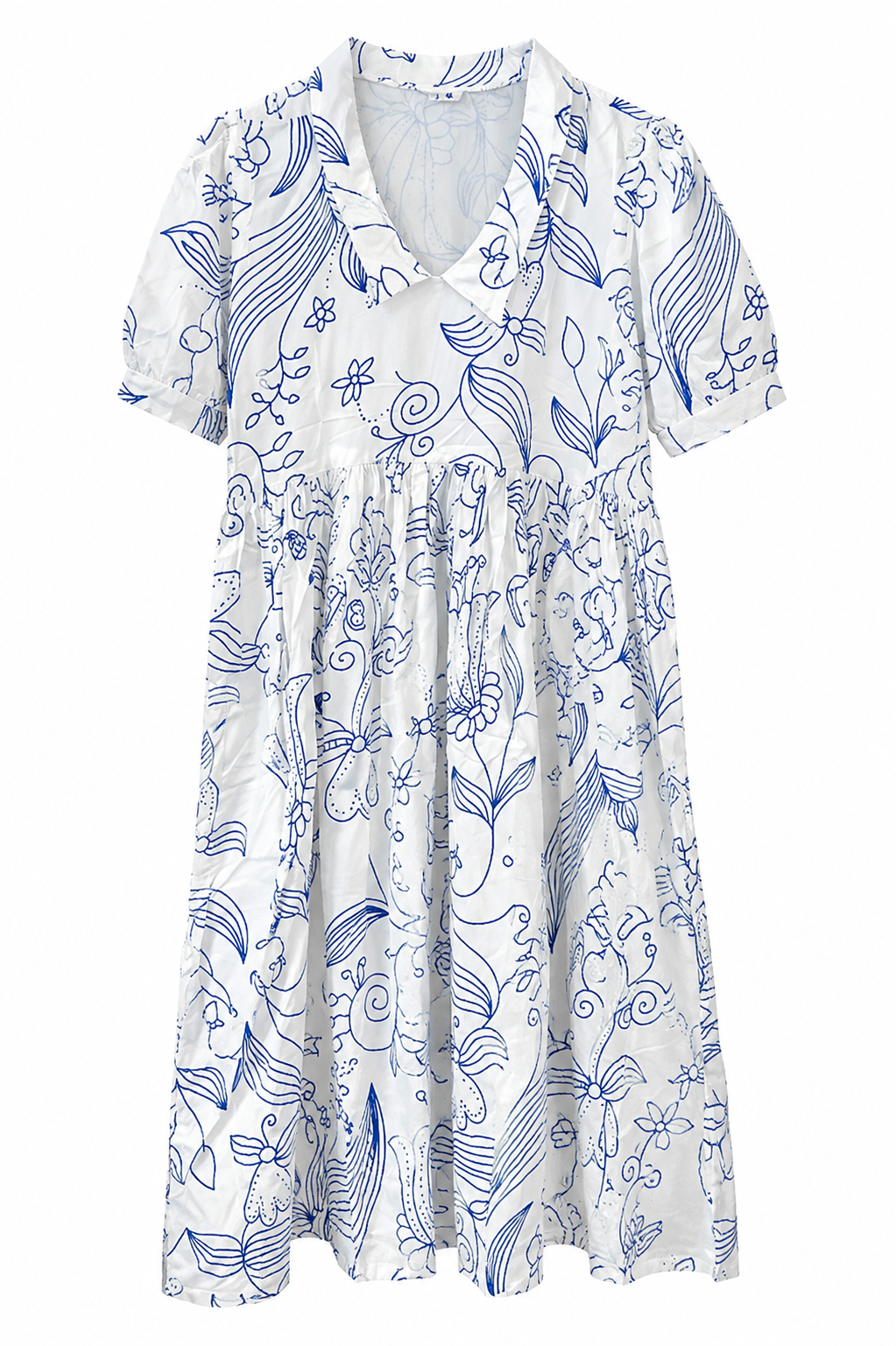 White Blue Floral Print Gathered Kurta, white