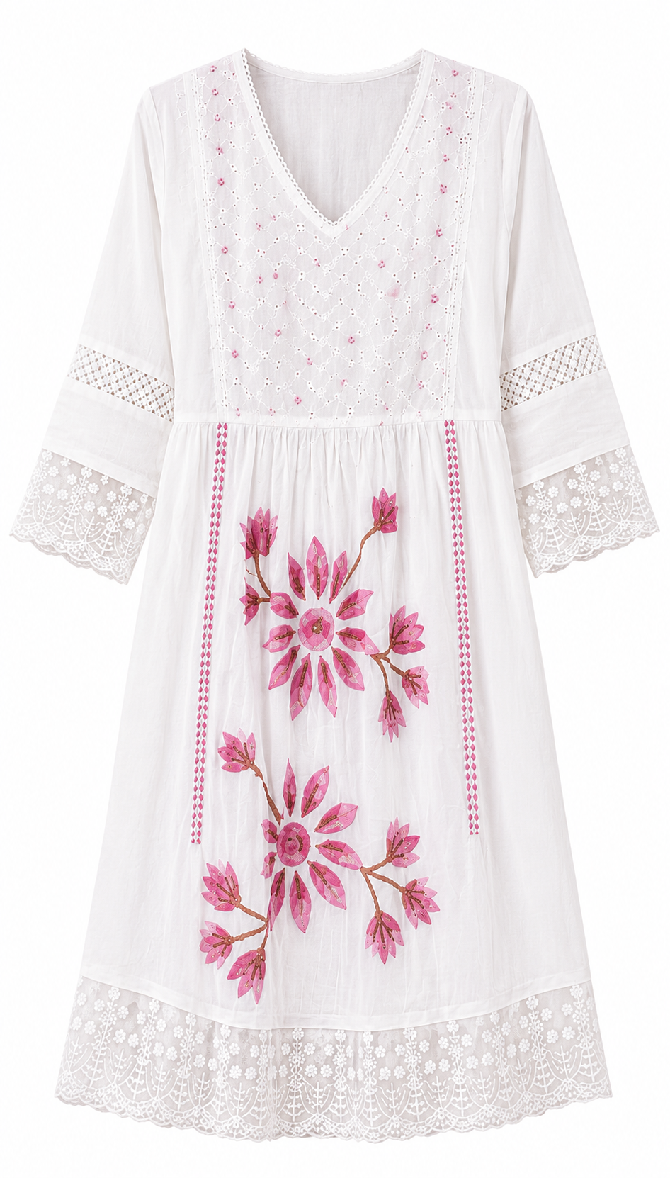 White Floral Applique Kurta Set with Tie-Dye Dupatta - view 2