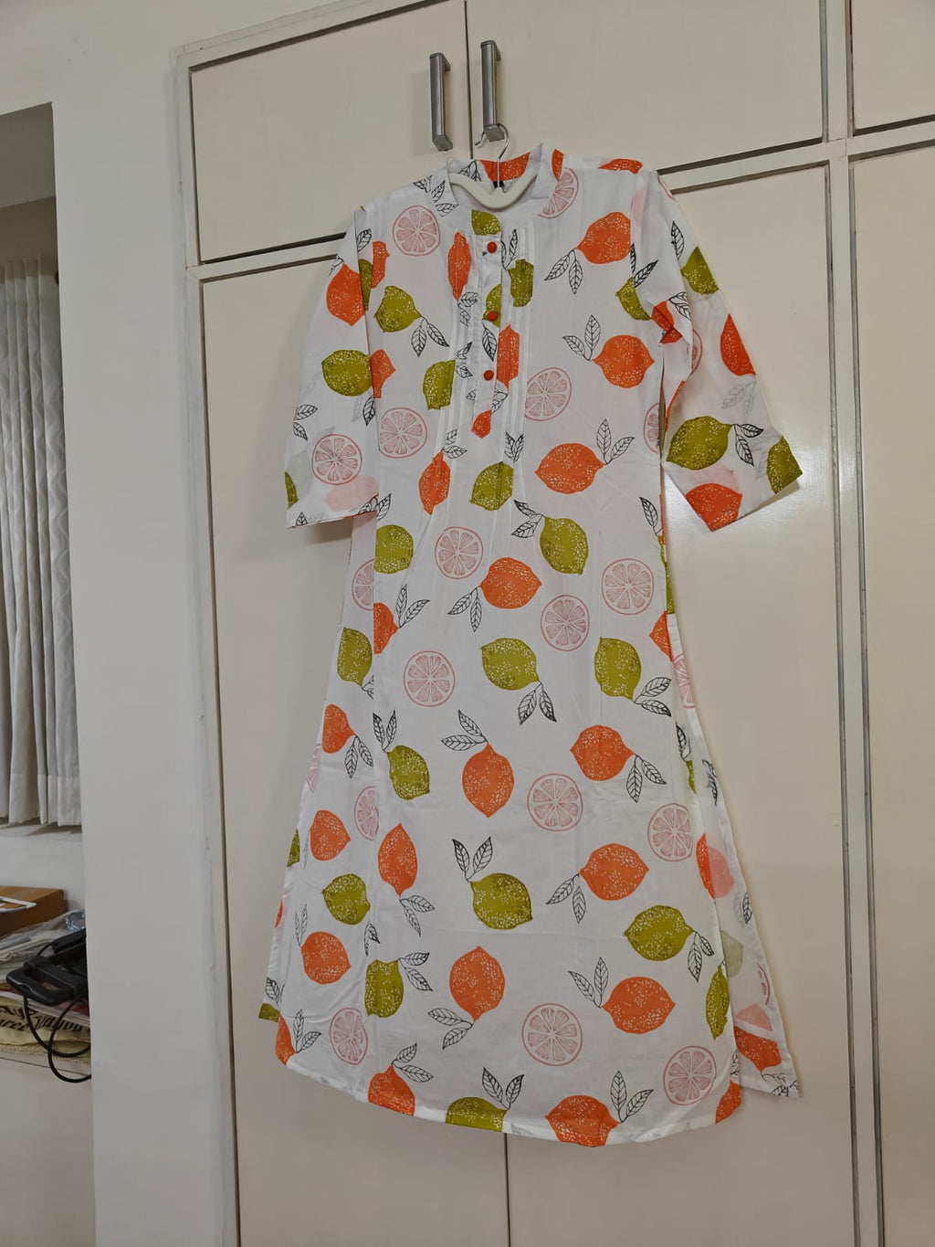 White Fruit Print Kurta Set, rust