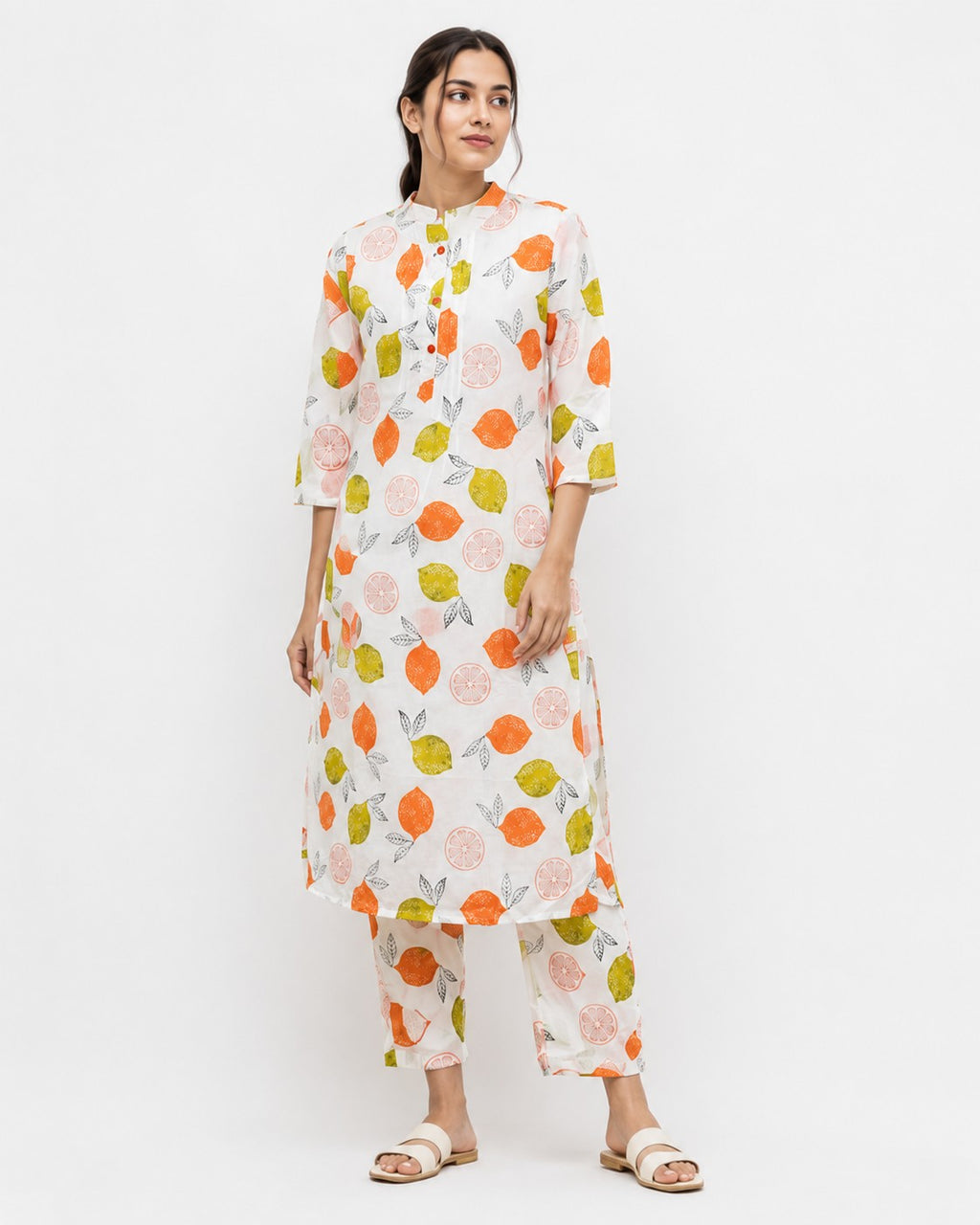 White Fruit Print Kurta Set - view 2