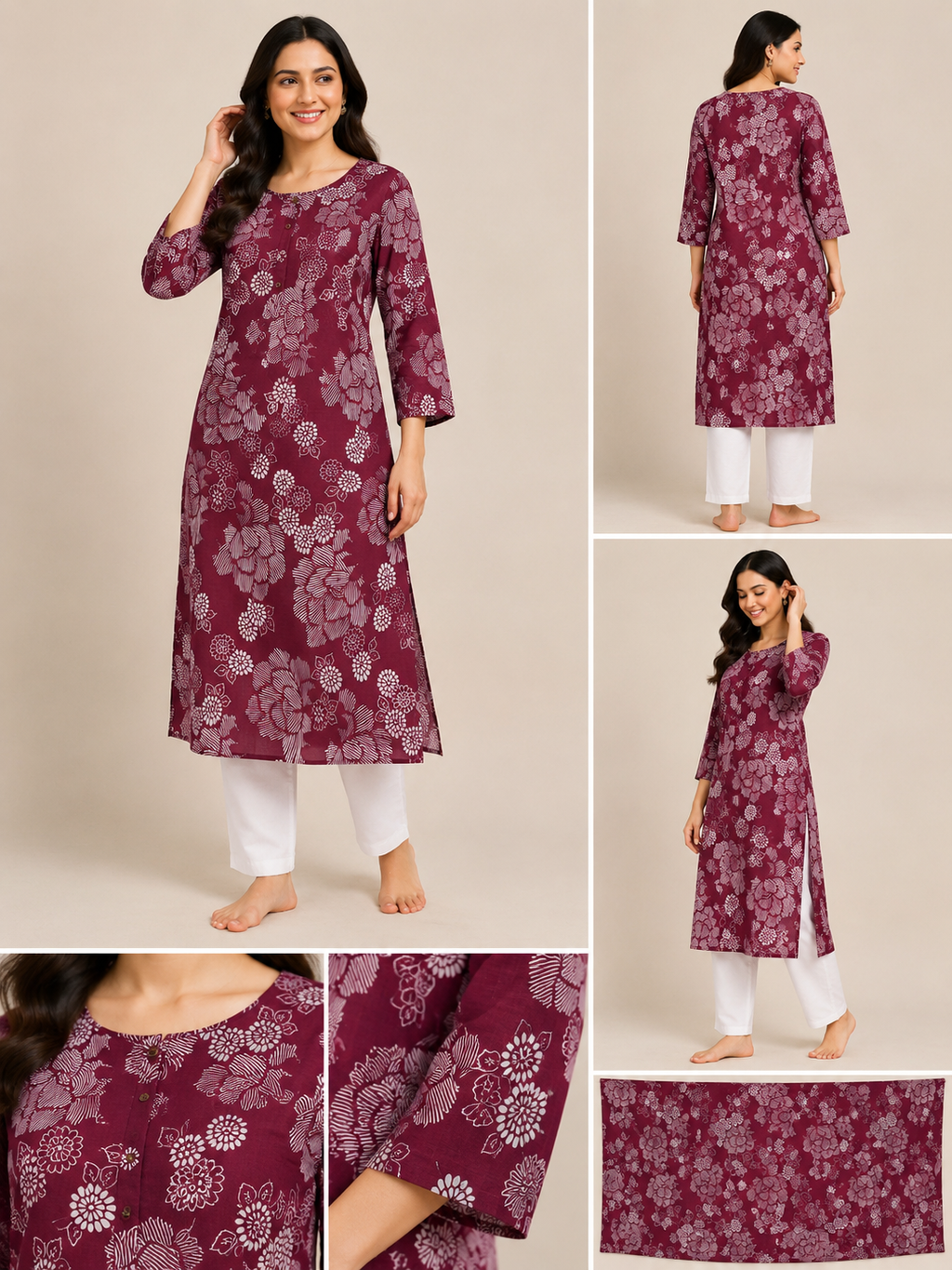 Wine Tonal Floral Kurta, maroon - view 2